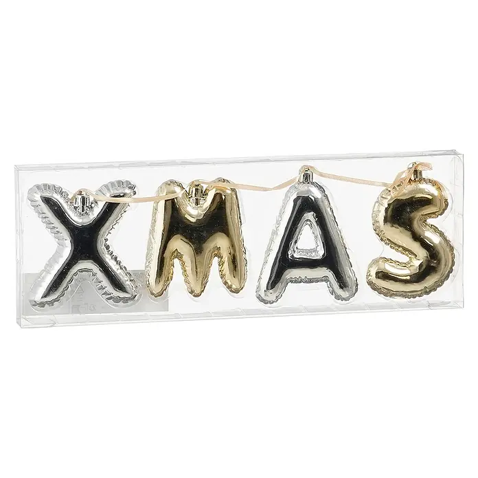 Weihnachtsgirlande XMAS - Kunststoff, L x B x H: 6 x 2,5 x 10 cm - Metallische silberne und goldene 'XMAS' Buchstaben-Ornamente, auf Band gereiht und in einer transparenten Kunststoffverpackung.