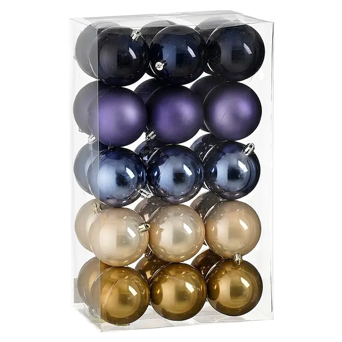 Christbaumkugel-Set - Blau, Violett und Creme, Kunststoff, 30 Stk., 8 cm - Sortierte Weihnachtskugeln in transparenter Box: glänzendes Dunkelviolett, mattes Violett, glänzendes Graublau und glänzende Goldkugeln.