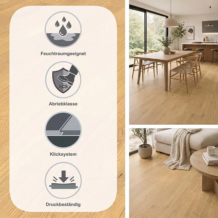 Krono Original Laminat Atlantic 12 - Honey Ethereal Oak, Landhausdiele, 1.288 x 195 x 12 mm - Heller Holzboden in modernen Ess- und Wohnzimmern, Icons weisen auf Wasserbeständigkeit, Haltbarkeit, Allergikerfreundlichkeit und antibakterielle Eigenschaften hin.