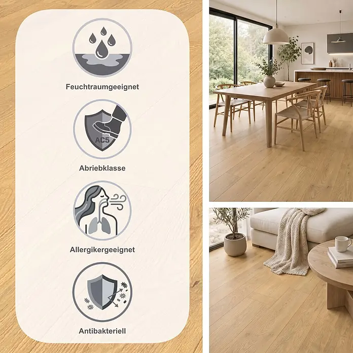 Krono Original Laminat Atlantic 12 - Honey Ethereal Oak, Landhausdiele, 1.288 x 195 x 12 mm - Heller Holzboden in modernen Ess- und Wohnzimmern, Icons weisen auf Wasserbeständigkeit, Haltbarkeit, Allergikerfreundlichkeit und antibakterielle Eigenschaften hin.