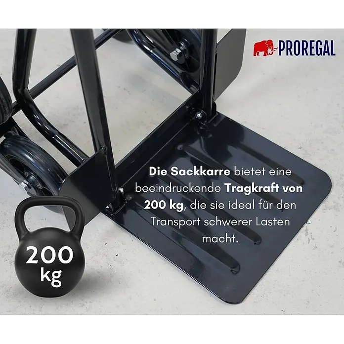 Proregal Treppen-Sackkarre ODIN ALL BLACK mit klappbarer Schaufel & Vollgummibereifung - Stahl, Traglast: 200 kg - Schwarze Metall-Sackkarre mit 200 kg Tragkraft für den Transport schwerer Lasten.