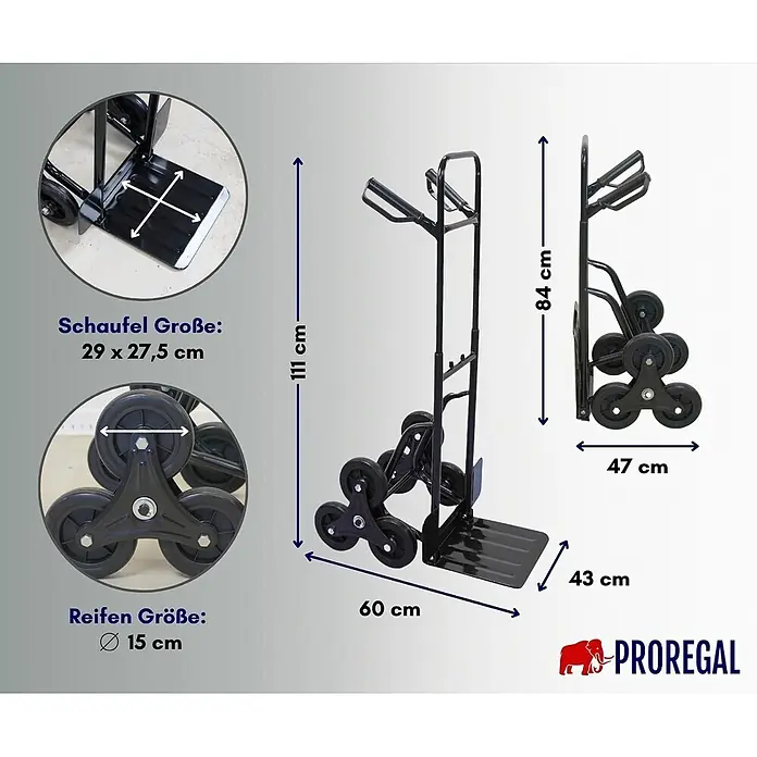 Proregal Treppen-Sackkarre ODIN ALL BLACK mit klappbarer Schaufel & Vollgummibereifung - Stahl, Traglast: 200 kg - Schwarze Metall-Sackkarre mit Dreiradsystem für Treppen, mit ihren verschiedenen Maßen.