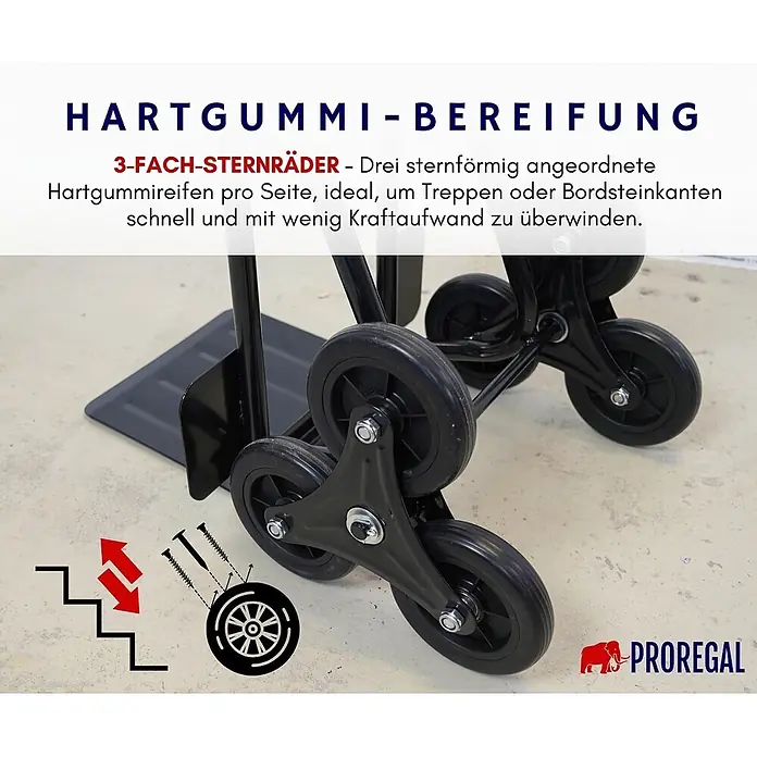 Proregal Treppen-Sackkarre ODIN ALL BLACK mit klappbarer Schaufel & Vollgummibereifung - Stahl, Traglast: 200 kg - Nahaufnahme von schwarzen Hartgummi-Sternrädern eines Sackkarrens, ideal für Treppen und Bordsteine.