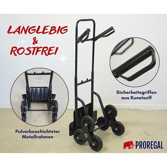 Proregal Treppen-Sackkarre ODIN ALL BLACK mit klappbarer Schaufel & Vollgummibereifung - Stahl, Traglast: 200 kg - Schwarze pulverbeschichtete Sackkarre mit Treppensteigrädern, Kunststoff-Sicherheitsgriffen und Sechsrad-Sternanordnung.