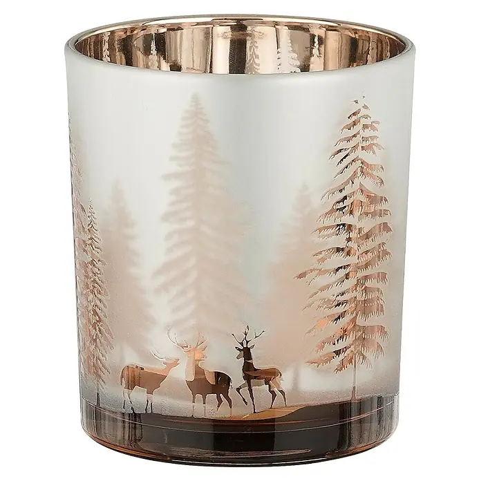 Teelichthalter Baum - 9 x 10 cm, Silber - Mattiertes Glaswindlicht mit Metalleinsatz, goldenem Hirsch- und Tannenbaum-Motiv und dunklem Boden.