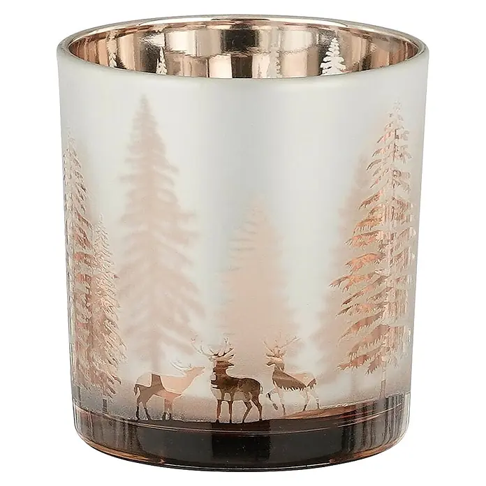 Teelichthalter Baum - 7 x 8 cm, Silber - Mattierter Glas-Teelichthalter mit goldener Innenseite, verziert mit Tannenbäumen und Rehen.