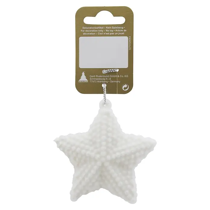 Christbaumschmuck Stern beflockt - Weiß, Kunstpelz, 1 Stk., Durchmesser: 8 cm - Weiße, strukturierte Sternendekoration, die an einem Produktetikett hängt.