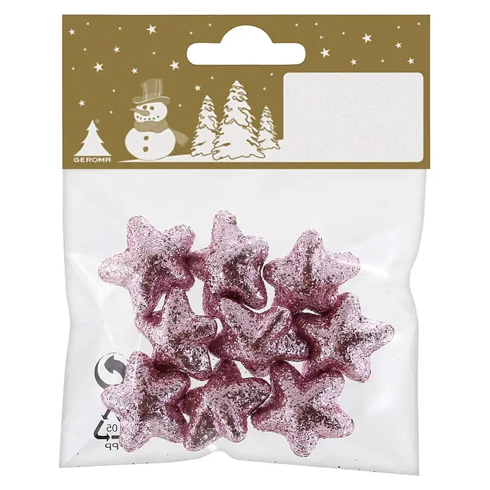 Deko-Stern - Kunststoff, Rosa, Durchmesser: 3 cm - Klarsichtbeutel mit rosa Glitzersternen und goldener festlicher Kopfleiste.