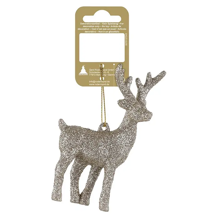 Deko-Anhänger Reh - Braun, Kunststoff, B x H: 6,5 x 12 cm - Silbernes Glitzer-Rentier-Ornament mit angehängtem Informationsetikett.