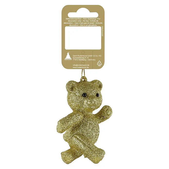Geroma Christbaumschmuck - Gold, Kunststoff, 1 Stk. - Ein glitzernder goldener Bär als Weihnachtsbaumschmuck mit Etikett, als Dekoration gekennzeichnet und kein Spielzeug.
