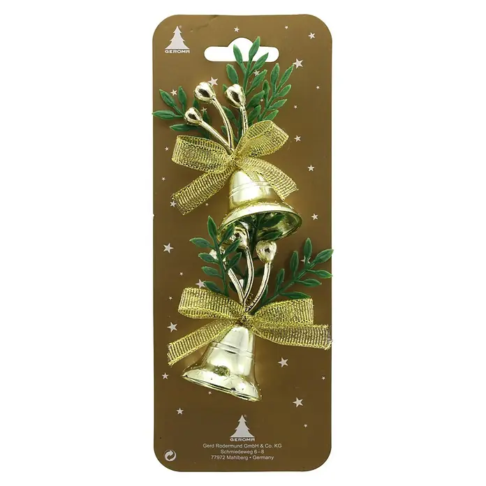 Geroma Christbaumschmuck Glocken - Gold, Grün, Kunststoff, 6 x 3,5 x 8 cm - Zwei goldene Weihnachtsglocken mit grünem Laub und Goldschleifen, auf goldener Papprückseite mit weißen Sternen.