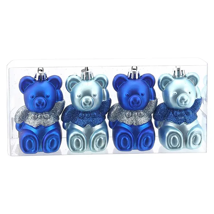 Geroma Christbaumschmuck - Blau, Kunststoff, Höhe: 8 cm - Set aus 4 blauen und silbernen Glitzer-Bären-Weihnachtsanhängern im Klarsichtbox.