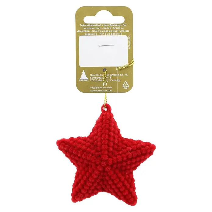 Christbaumschmuck Stern beflockt - Rot, Kunstpelz, 1 Stk., Durchmesser: 8 cm - Roter flauschiger Stern als Dekoration mit goldener Kordel.