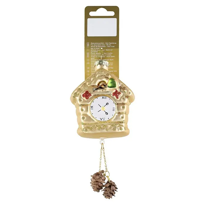 Christbaumschmuck - L x B x H: 7,5 x 4,5 x 18 cm, Glas, Gold - Goldenes Kuckucksuhr-Weihnachtsornament mit Glitzer, Zifferblatt und zwei Tannenzapfen.