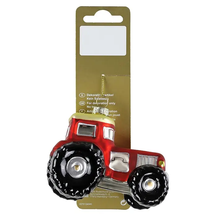 Geroma Christbaumschmuck Traktor - Rot, Schwarz, Silber, Glas, 1 Stk., 5 x 9,3 x 6,5 cm - Roter glänzender Traktor-Weihnachtsschmuck hängt an einer goldenen Verkaufskarte.