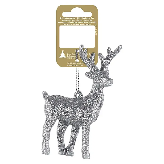 Deko-Anhänger Reh - B x H: 6,5 x 12 cm, Kunststoff, Reh - Silbernes Glitzer-Rentier als Weihnachtsdekoration mit Etikett. Nur zur Dekoration.