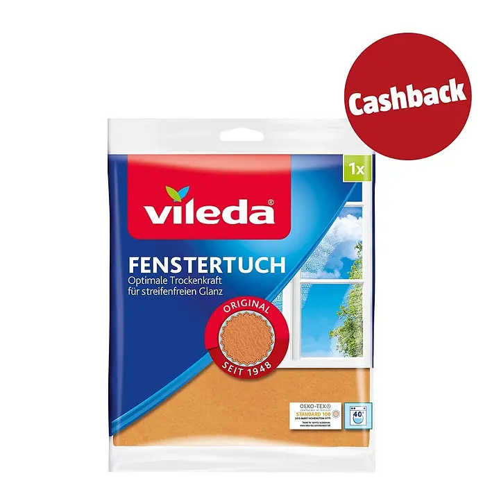 Vileda Original Fenstertuch - 40 x 36 cm, Mikrofaser - Vileda Fenstertuch in Orange, in blauer und roter Verpackung, für streifenfreie Fenster.