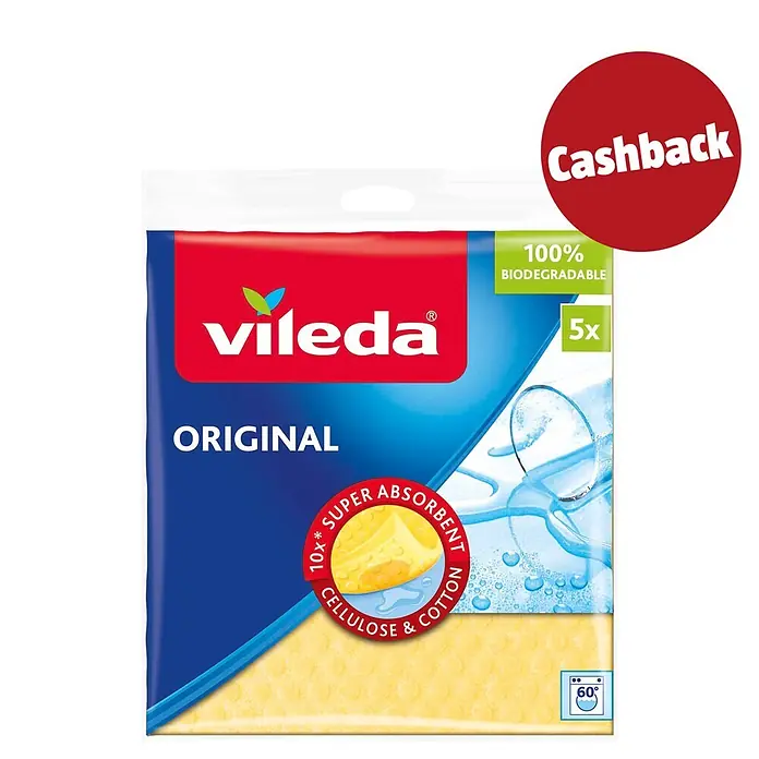Vileda Original Schwammtuch - 100 % Cellulose + Cotton, 5 Stk. - Vileda Original 5x gelbe, super saugfähige, biologisch abbaubare Zellulose- & Baumwoll-Spültücher.