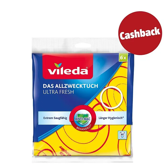 Vileda Allzwecktuch XXL Pack - 6 Stk. - Vileda Ultra Fresh 6er-Pack Allzwecktücher mit Anti-Bac-Behandlung in blauer, roter und gelber Verpackung, mit 'Cashback'-Angebot.