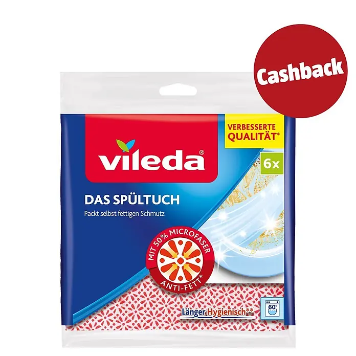 Vileda Microfibre Spültuch XXL-Pack - Vliesstofffaser, 6 Stk. - Vileda Spültücher 6er-Pack, rot-weiß, in transparenter und blauer Verpackung mit Aufschriften 'Cashback', 'Verbesserte Qualität', '50% Mikrofasern Anti-Fett'.