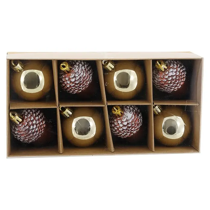 Geroma Christbaumkugel-Set - Gold, Braun, Kunststoff, 8 Stk. - Acht Weihnachtsbaumkugeln in einer Schachtel: vier goldene, vier rotbraune mit strukturierten weißen Akzenten.