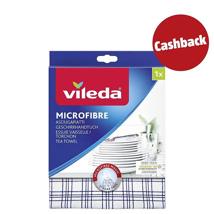 Vileda Microfibre Geschirrtuch Plus - Materialzusammensetzung: 70 % Polyester, 30 % Polyamid - Vileda Mikrofasertuch, weiß mit blauem Karomuster, in Verpackung mit 'Cashback' und 'Streifenfrei' Etiketten.