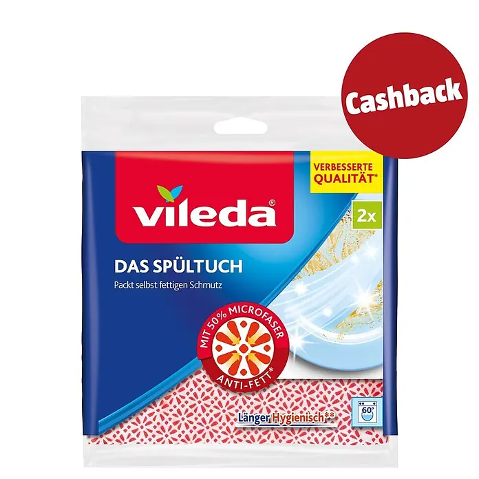 Vileda Microfibre Spültuch Extra Power - Mikrofaser, 2 Stk. - Vileda Mikrofasertücher, 2er-Pack, rot-weiß, zur Fettentfernung, waschbar bei 60°C.