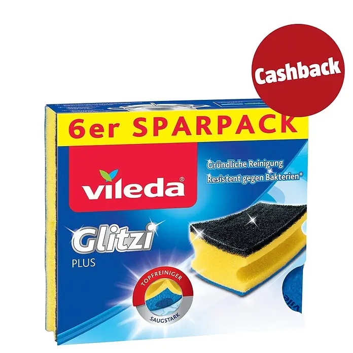 Vileda Glitzi Plus Topfreiniger - Glitzi Härtegrad: 2, 6 Stk., Antibakteriell - Vileda Glitzi Plus 6er-Sparpack Schwämme, gelb und schwarz, in blauer und gelber Verpackung mit "Cashback" Etikett. Für gründliche, saugstarke, bakterienresistente Reinigung.