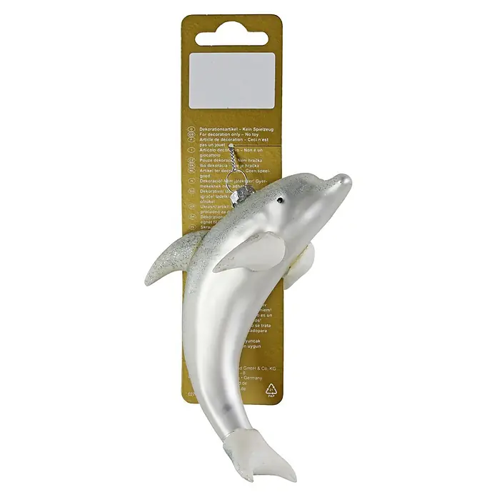 Geroma Christbaumschmuck Delfin - Silber, Glas, 1 Stk., 7,5 x 6,5 x 12,5 cm - Glitzernder weißer Delfin-Weihnachtsanhänger auf goldener Kartonverpackung. Nur zur Dekoration, kein Spielzeug.