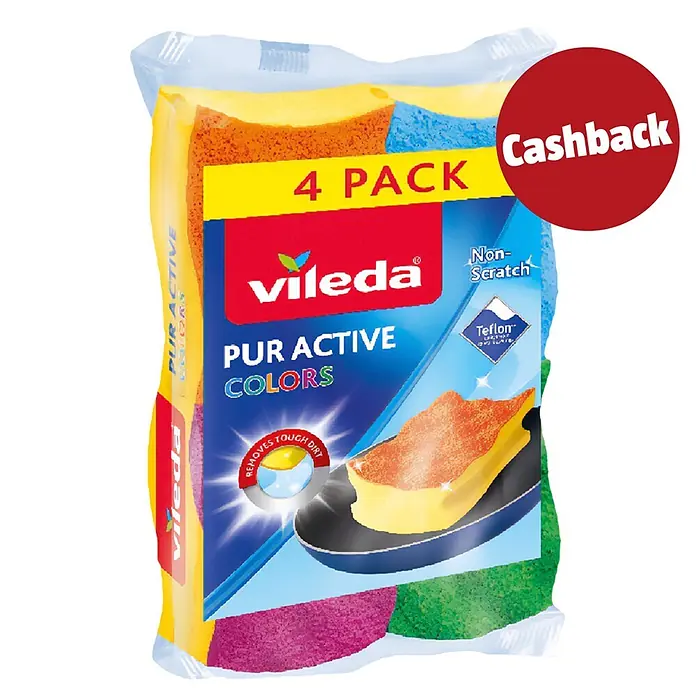 Vileda Topfreiniger Colors - 4 Stk. - Vileda Pur Active Colors 4er-Pack kratzfreier Schwämme für hartnäckigen Schmutz, mit Cashback-Angebot.