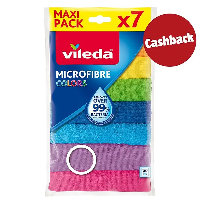 Vileda Microfibre Mikrofasertücher Colors Maxi Pack - 7 Stk., Mikrofaser - Vileda Microfaser Colors Maxi Pack: 7 farbige Reinigungstücher, entfernen über 99% Bakterien nur mit Wasser. Inklusive Cashback Angebot.