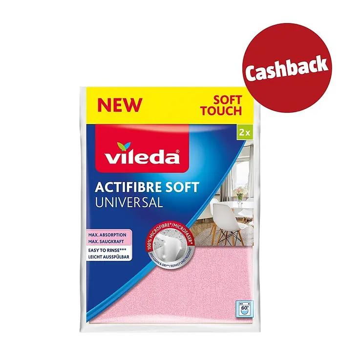 Vileda Universalreinigungstücher Actifibre Soft Touch - 2 Stk., Mikrofaser - Vileda Actifibre Soft Universal 2er-Pack rosafarbene Mikrofasertücher mit Cashback-Aufkleber, neu, weich, max. Saugkraft und leicht auszuspülen.