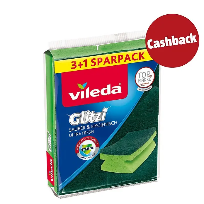 Vileda Glitzi Topfreiniger Sauber & Hygienisch Ultra Fresh 3+1 - 4 Stk. - Vileda Glitzi 3+1 Sparpack mit grünen Spülschwämmen. Enthält einen Cashback-Sticker.