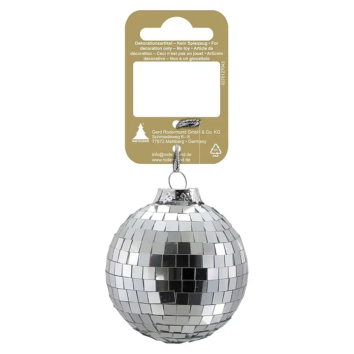 Christbaumschmuck Stern aus Plüsch - Silber, Kunststoff, 1 Stk., Durchmesser: 14 cm - Silberne Discokugel als Deko-Artikel, aus Spiegelfacetten gefertigt, mit angehängtem Produktetikett.