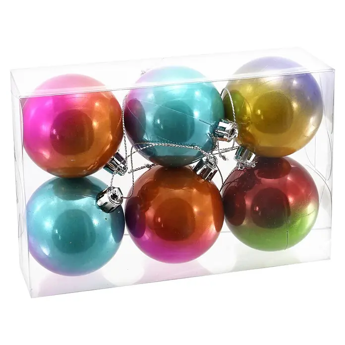 Geroma Christbaumkugel-Mix - Bunt, Kunststoff, Rund, 6 Stk. - Sechs schillernde Weihnachtskugeln in Farbverläufen (Pink, Gold, Türkis, Rot, Grün) sind in einer transparenten Plastikbox verpackt.