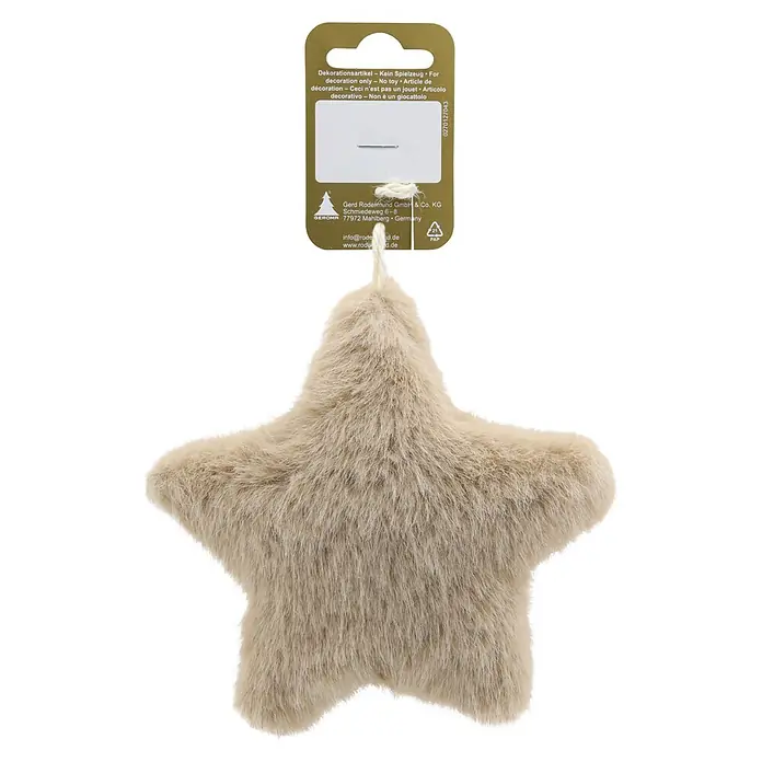 Christbaumschmuck Stern aus Plüsch - Hellbraun, Textil, 1 Stk., 14 cm - Flauschiger, cremefarbener Stern-Dekoartikel mit angehängtem Etikett.