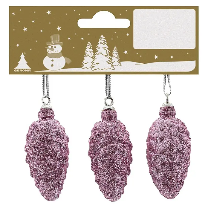 Christbaumschmuck Tannenzapfen - Rosa, Kunststoff, 3 Stk., Höhe: 6 cm - Drei rosa glitzernde Tannenzapfen-Weihnachtsornamente hängen an einem festlichen goldenen Aufhänger.