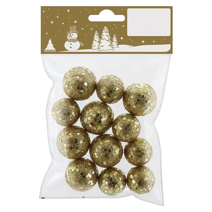 Geroma Weihnachtskugel - Durchmesser: 2 cm - 3 cm, Kunststoff, Gold, 12 Stk. - Goldene Glitzerkugeln in einem Klarsichtbeutel mit festlicher Kopfkarte.