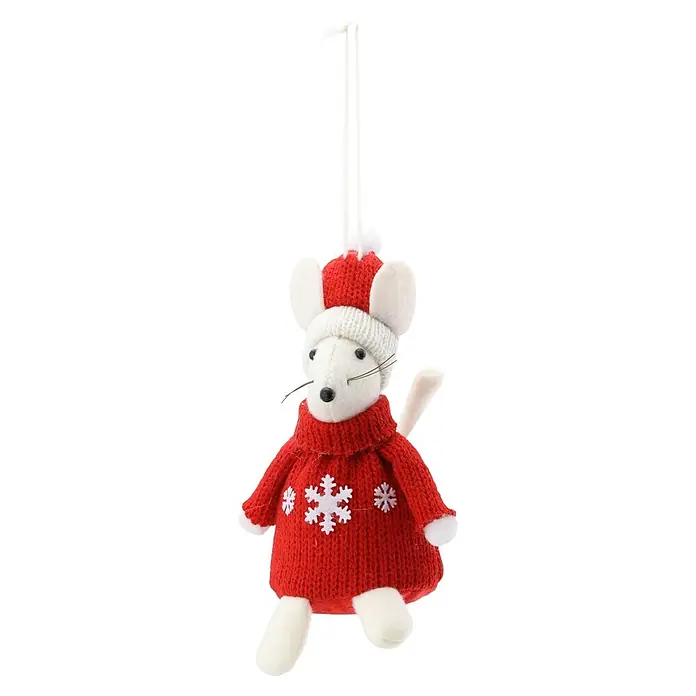 Geroma Dekofigur - Höhe: 12 cm, Kunststoff, Maus - Weißes Plüsch-Maus-Weihnachtsornament in rotem Strickpullover mit Schneeflocken und Mütze, an einem Faden hängend.