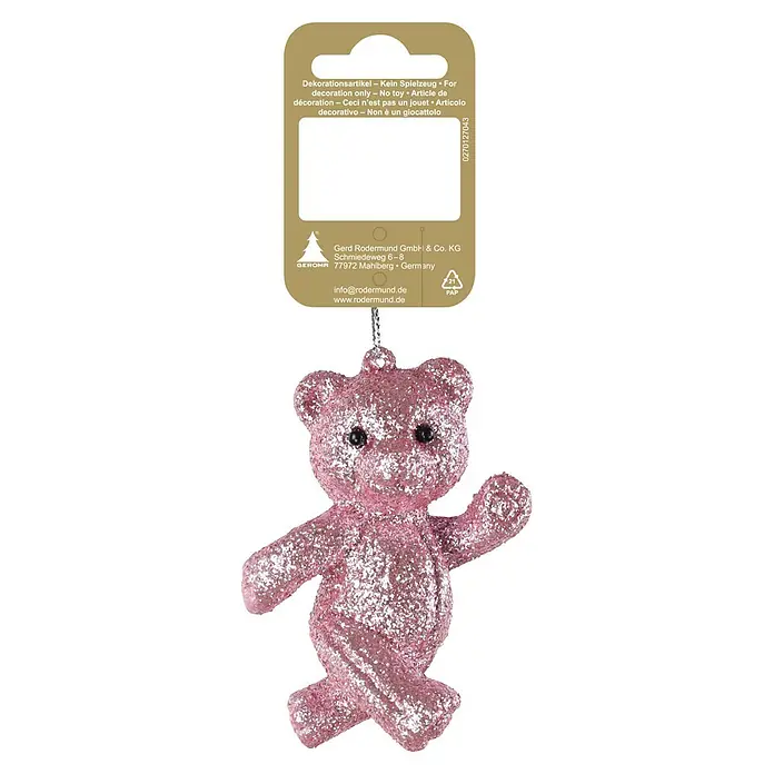 Geroma Christbaumschmuck - Rosa, Kunststoff, 1 Stk. - Glitzernder rosa Teddybär als Dekoration mit Etikett 'Dekorationsartikel – Kein Spielzeug'.