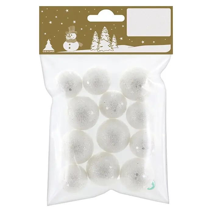 Dekoartikel Styroporkugeln mit Glitzer - Durchmesser: 2 cm - 3 cm, 12 Stk., Weiß - Beutel mit weißen, glitzernden, kugelförmigen Weihnachtsdekorationen und festlicher goldener Kopfkarte.