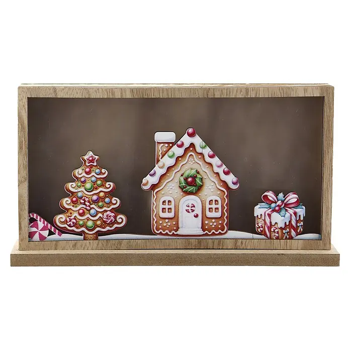 Dekoartikel - Braun, Kunststoff - Weihnachtsdekoration im Holzrahmen mit Lebkuchenhaus, Baum und Geschenkfiguren.