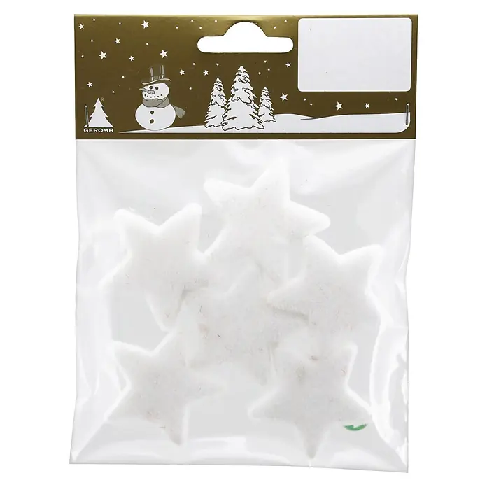Geroma Christbaumschmuck Sterne - Weiß, Kunststoff, 6 Stk. - Sechs weiße Filzsterne in transparenter Kunststoffverpackung mit festlicher Kopfkarte, zum Dekorieren.