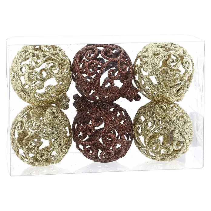 Geroma Christbaumkugel-Set - Gold, Braun, Kunststoff, Rund, 6 Stk., 7 cm - Sechs glitzernde Weihnachtsbaumkugeln, drei goldene und drei braune, mit filigranen Mustern, in einer Klarsichtbox.