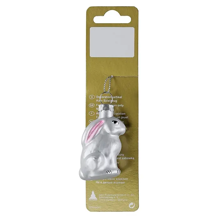 Geroma Christbaumschmuck - Silber, Rosa, Glas, 1 Stk., 6 x 3 x 2,5 cm - Weißer Glas-Hase als Ornament mit rosa Ohren und schwarzen Augen, auf goldener Pappaufhängung.