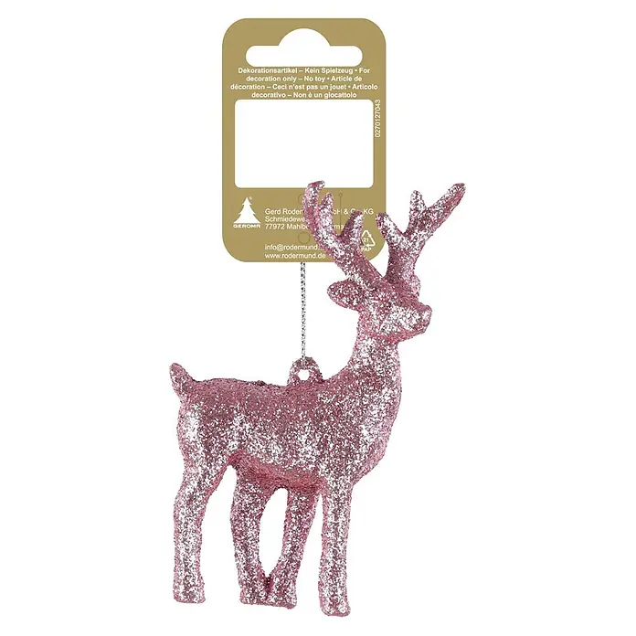 Geroma Christbaumschmuck Reh - Rosa, Kunststoff, 1 Stk. - Rosa Glitzer-Hirsch-Ornament mit Kette und Produktetikett.