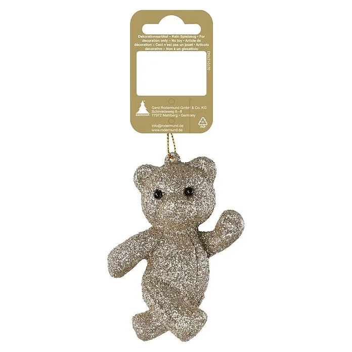 Christbaumschmuck Teddybär - Champagner Glitzer, Kunststoff - Glitzernder goldener Teddybär-Anhänger mit Goldschnur zum Aufhängen.