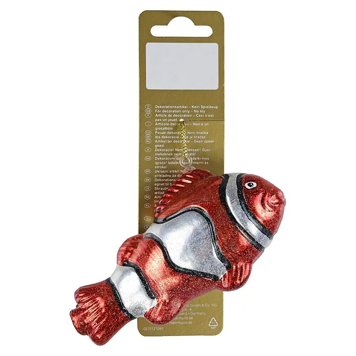 Geroma Christbaumschmuck Clownfisch - Rot, Silber, Kunststoff, 1 Stk., 12 x 7 x 4 cm - Ein glitzernder rot-weißer Clownfisch-Ornament mit schwarzen Streifen, auf goldener Verkaufsverpackung.
