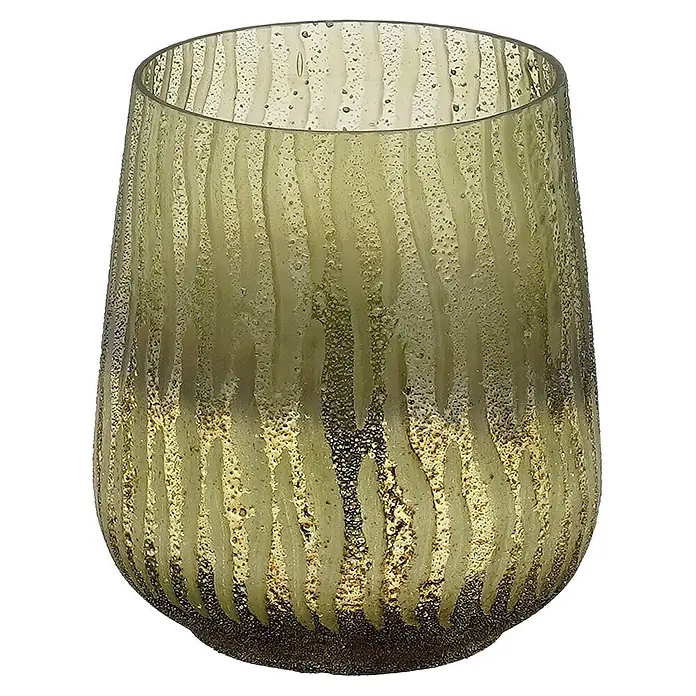 Windlicht Xevera - Ø x H: 12 x 14 cm, Grün - Strukturierte grün-goldene Glasvase mit vertikalen Rippen und einem gesprenkelten, irisierenden Finish.
