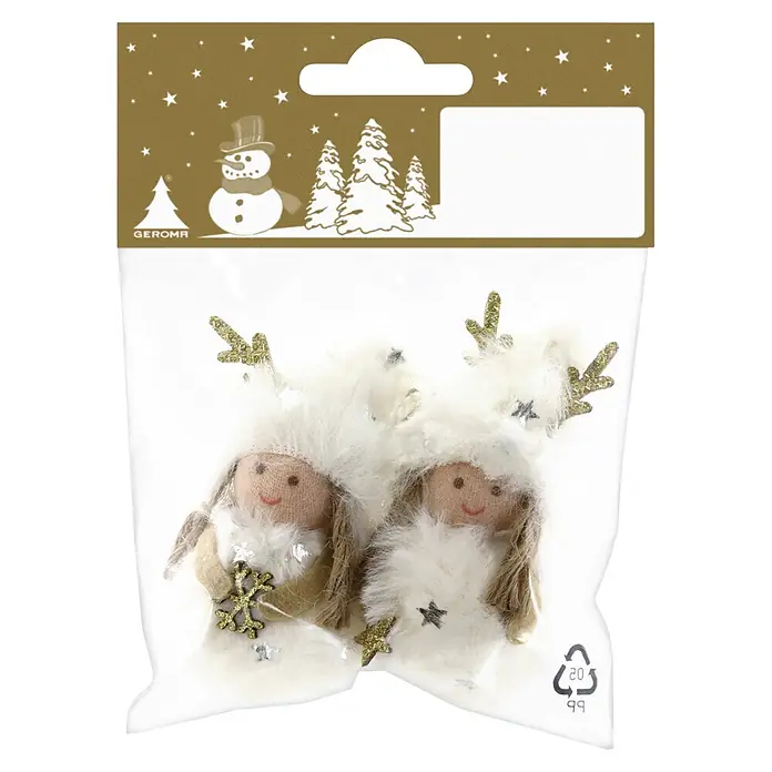 Geroma Christbaumschmuck - Weiß, Gold, Polyester, 2 Stk. - Zwei Weihnachtsfiguren mit weißen flauschigen Mützen, goldenen Glitzergeweihen und festlicher Deko, in klarer Plastiktüte verpackt.